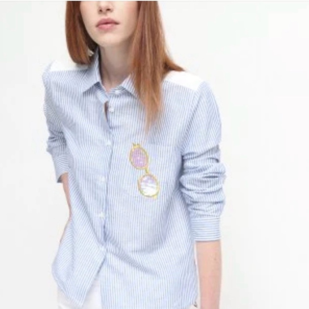 Vilagallo Isabella Sequin Blue and White Striped Button Down Shirt DONUTS